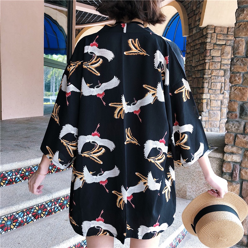 Black Brown Crane Chiffon Beach Cardigan Kimono Wanita Motif Jepang Harajuku Kimono Longgar Warna 2023