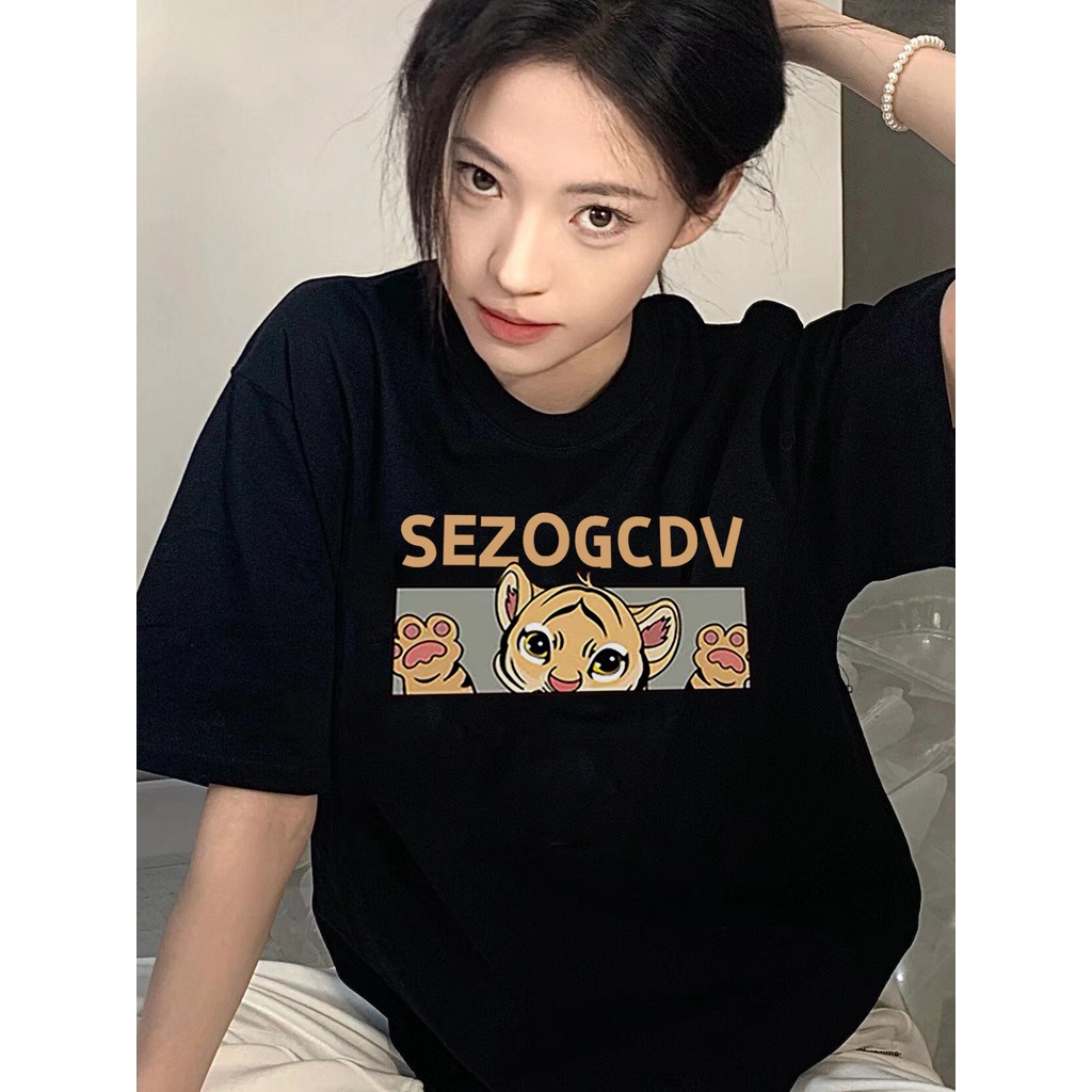 XIAOZHAINV Kaos Atasan Wanita Cartoon Tiger Hitam Pattern Lengan Pendek A0213