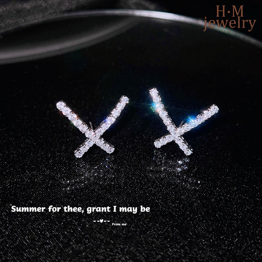 Anting Tusuk Sterling Silver Bentuk X Silang Hias Berlian Imitasi Untuk Wanita