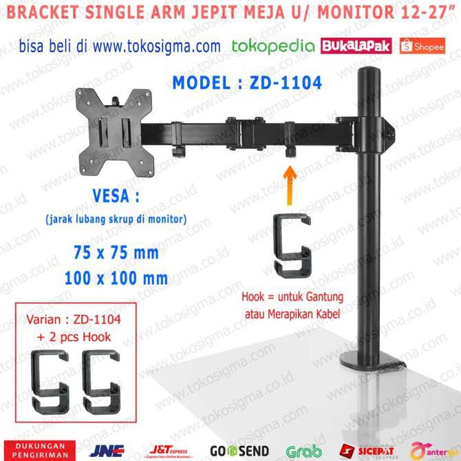 Ready&Siapkirim Bracket Stand Jepit Meja Zd-1104 Single Arm Desk Mount Monitor 13-27" - Zd1104 + 2