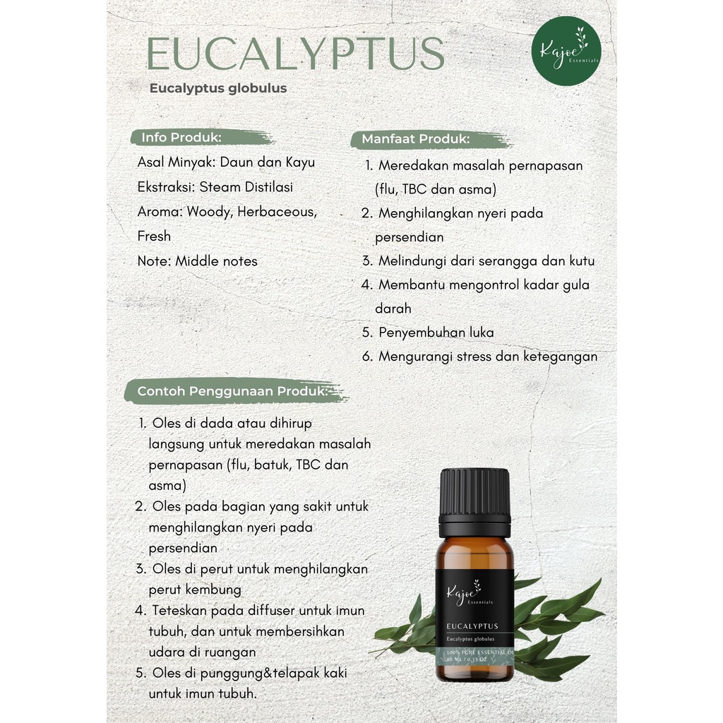 KAJOE Eucalyptus Essential Oil Diffuser Eukaliptus Minyak Esensial Atsiri Aromaterapi Aromatheraphy