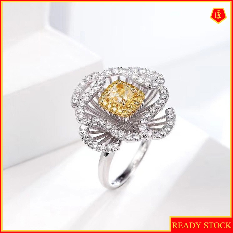 [Ready Stock]Luxury Micro-Inlaid Diamond Clover Flower Yellow Diamond Ring