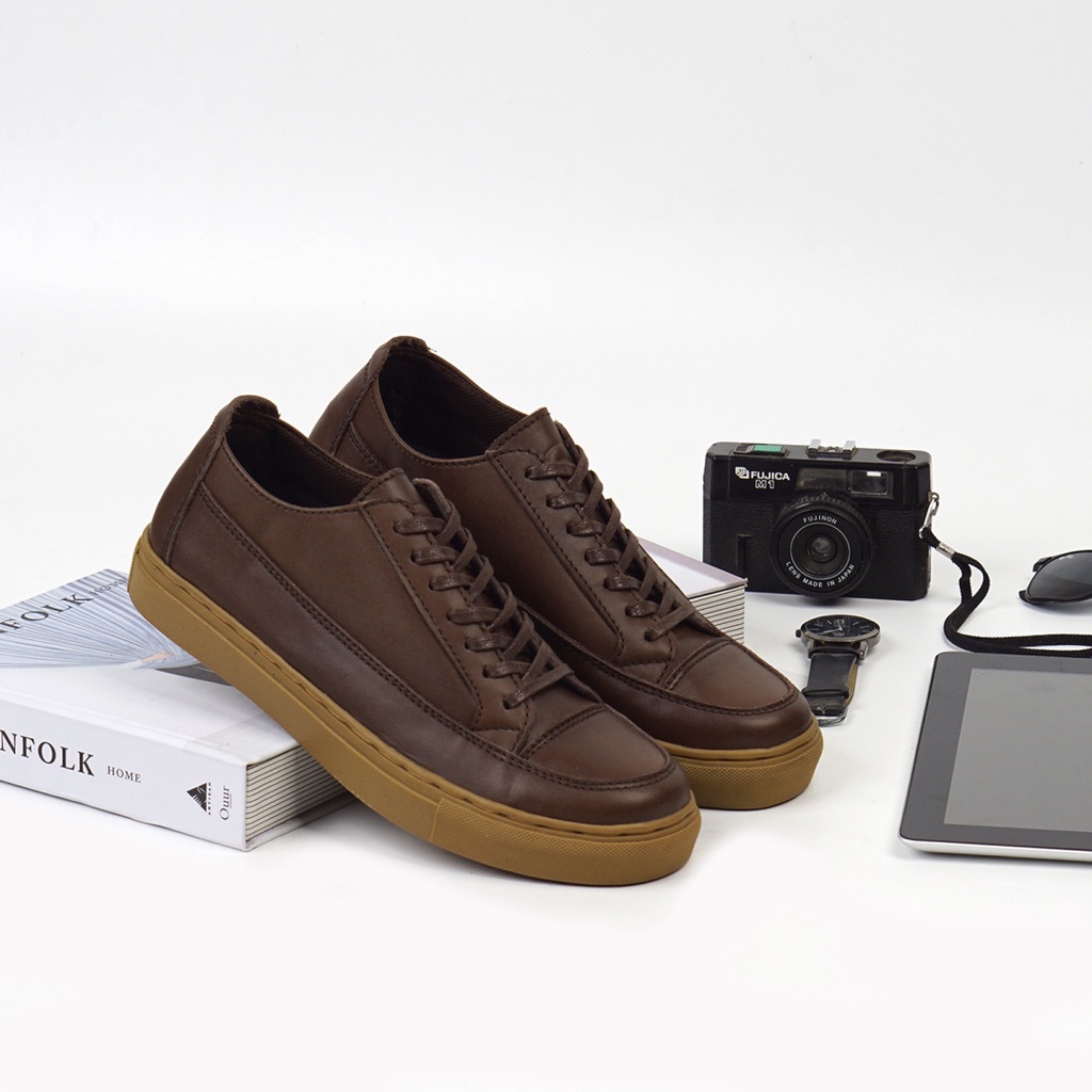 OLAF BROWN ORIGINAL x GREATA Sepatu Sneakers Kulit Sapi Asli Coklat Pria Kets Tali Semi Formal Kerja Kantor Jalan Santai Main OOTD Casual Distro Kuliah Pesta Kondangan Premium Genuine Leather Footwear Gum Sole Big Size Jumbo 44 Keren Terbaru Branded Ori