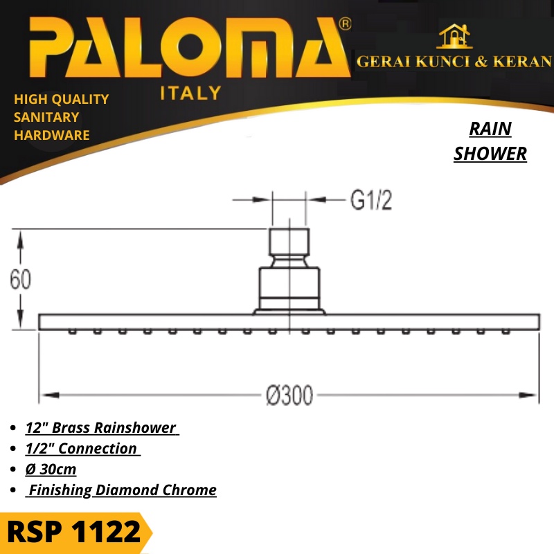 PALOMA RSP 1122 RAIN SHOWER MANDI KEPALA SHOWER 12&quot; BRASS BULAT CHROME