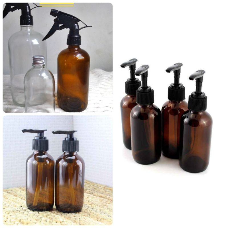 Botol Kaca Amber 250ml/500ml/1000ml Tebal Pump/Spray Triger/Tutup Phenolic/Tutup Ulir