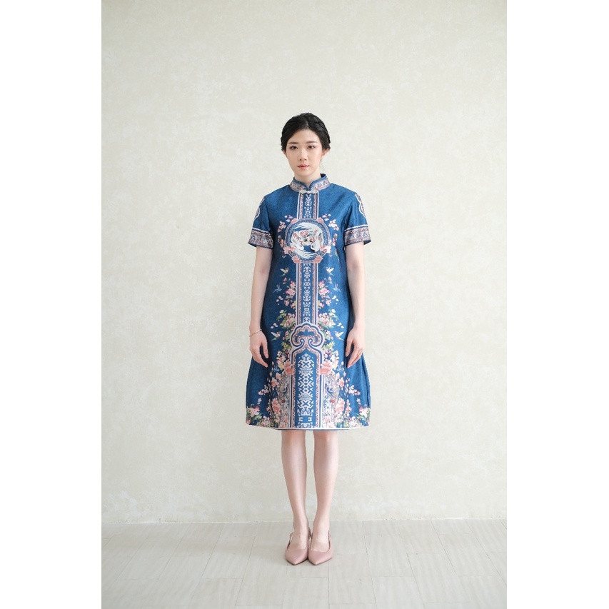 DRESS DAN KEMEJA CHERRY BLOSSOM CRANES TEAL BLUE A2