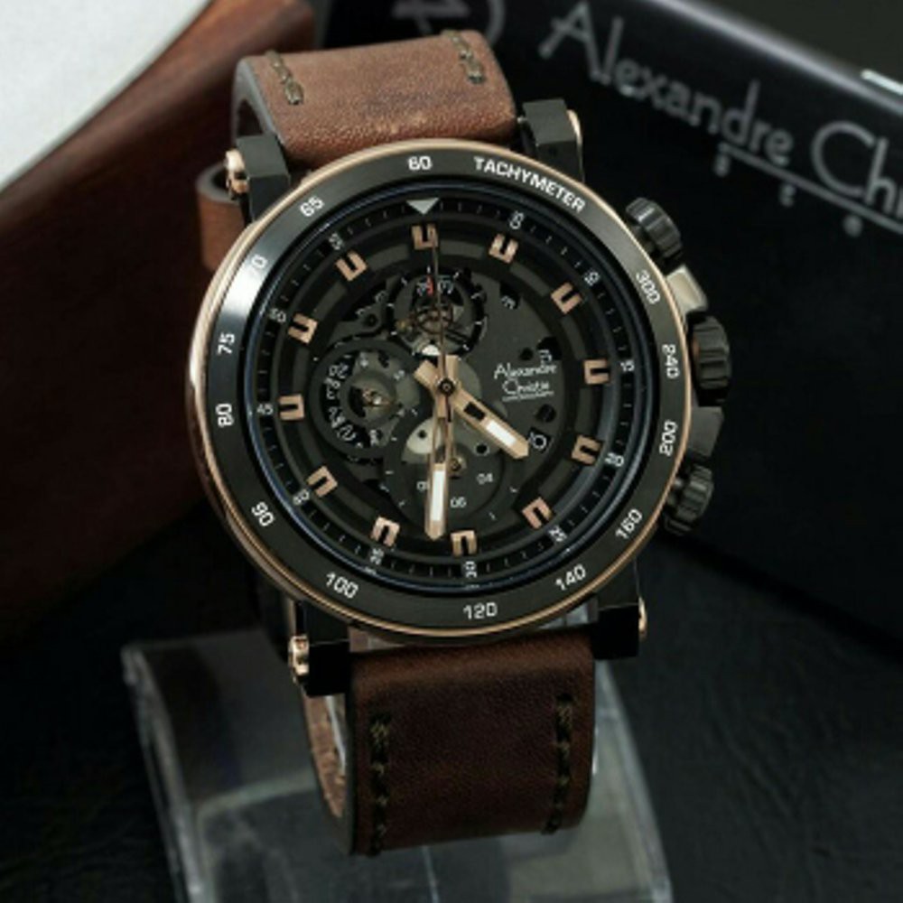 Jam Tangan Cowok/Pria Original Alexandre Christie AC 6429 MC Black Rosegold Brown Leather