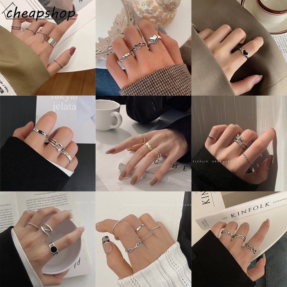 IFYOU Set Cincin Desain Hati Geometris Rongga Gaya Korea Untuk Aksesoris Perhiasan Wanita