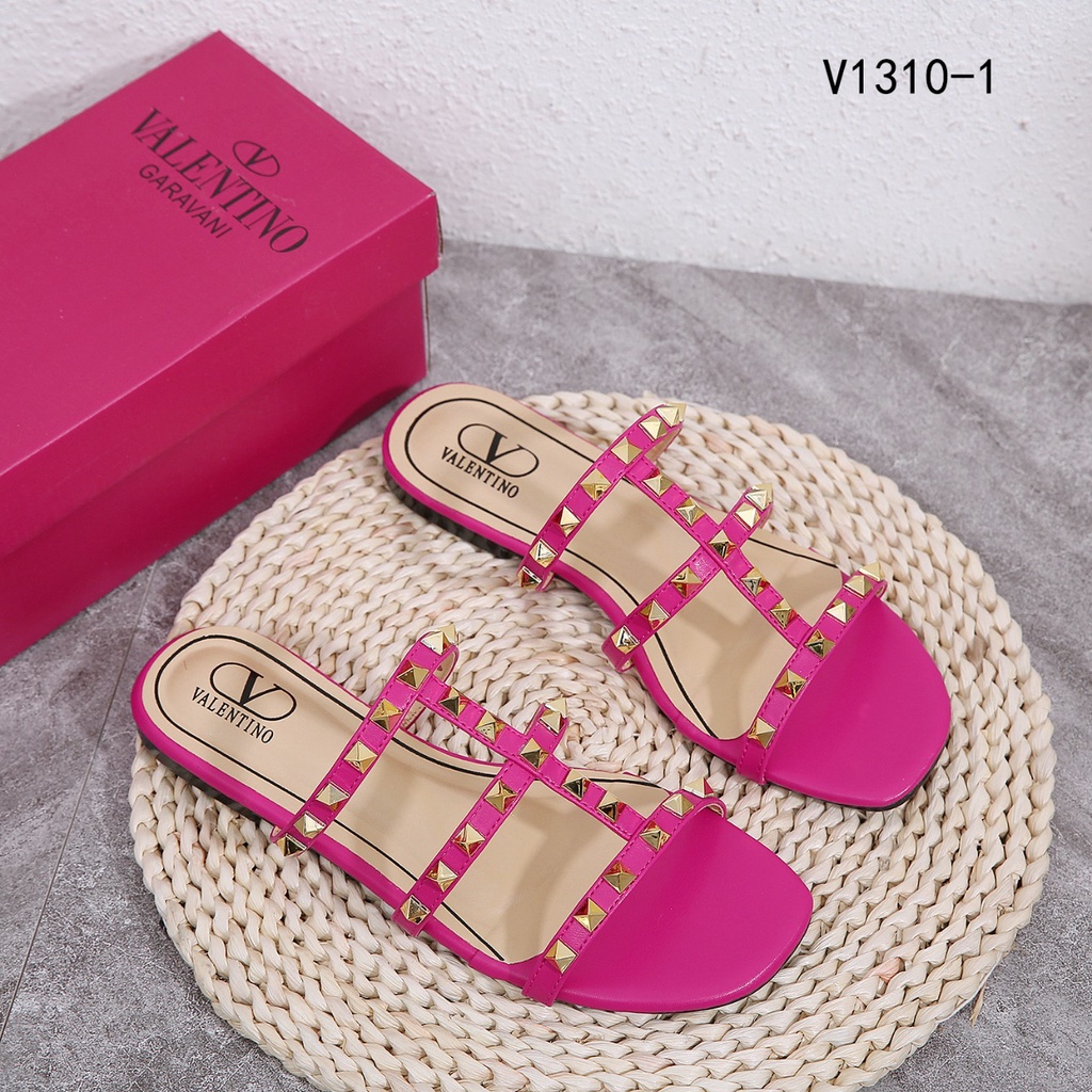 Leather Rockstud Flat Slides Sandals V1310-1