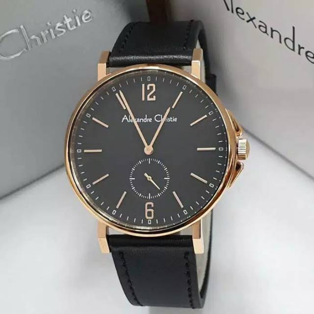 Jam Tangan Alexandre Christie AC 8458 MS Tali Leather / Kulit Black Rosegold Pria & Cowok Original