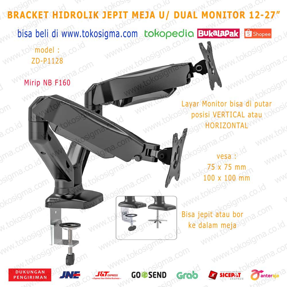 BRACKET JEPIT MEJA DUAL ARM MONITOR DESK HIDROLIK 12-27&quot; ZD-P1128 mirip model NB F160