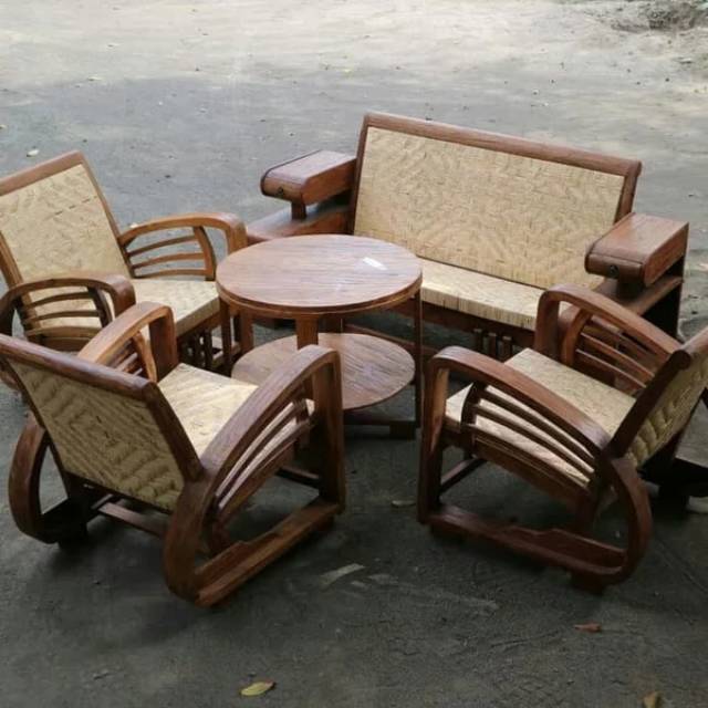 KURSI TAMU SEDAN KLASIK TERBARU KAYU JATI KOMBI ROTAN