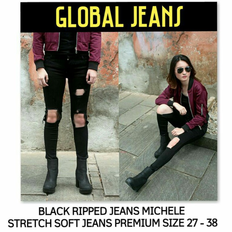 Celana Jeans Wanita Jumbo Sobek Hitam Michele / Black Ripped Jeans Michele / Jeans Hitam Sobek