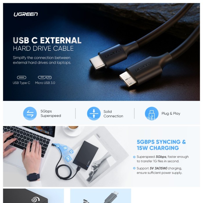 UGREEN Kabel Data Type C To Micro USB B 3.0 HDD Hard Disk Drive