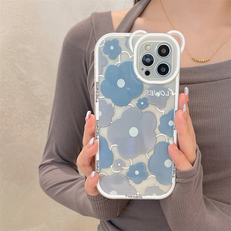 Soft Case Silikon Motif Bunga / Beruang Untuk Compatible for iPhone 14 13 12 11 Pro Max X Xr Xs Max SE 2020 8 7 6 6s Plus handphone Case murah Blue-gray Flower Phone Case Bear Ears All-inclusive Lens Clear Silicone Shockproof Phone Back Casing Cover