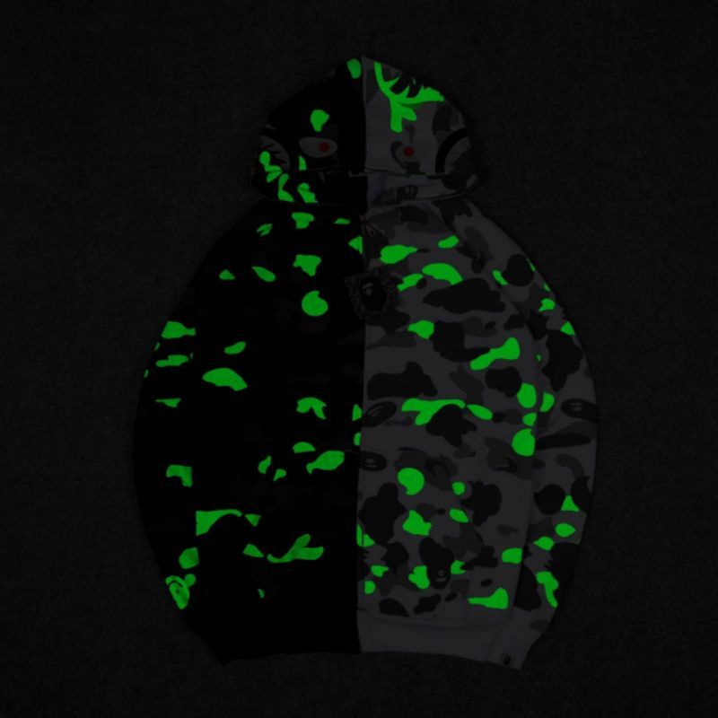 SWEATER HOODIE ZIPPER BAPE SHARK COMBI BLACK WHITE GLOW IN THE DARK PREMIUM AUTHENTIC