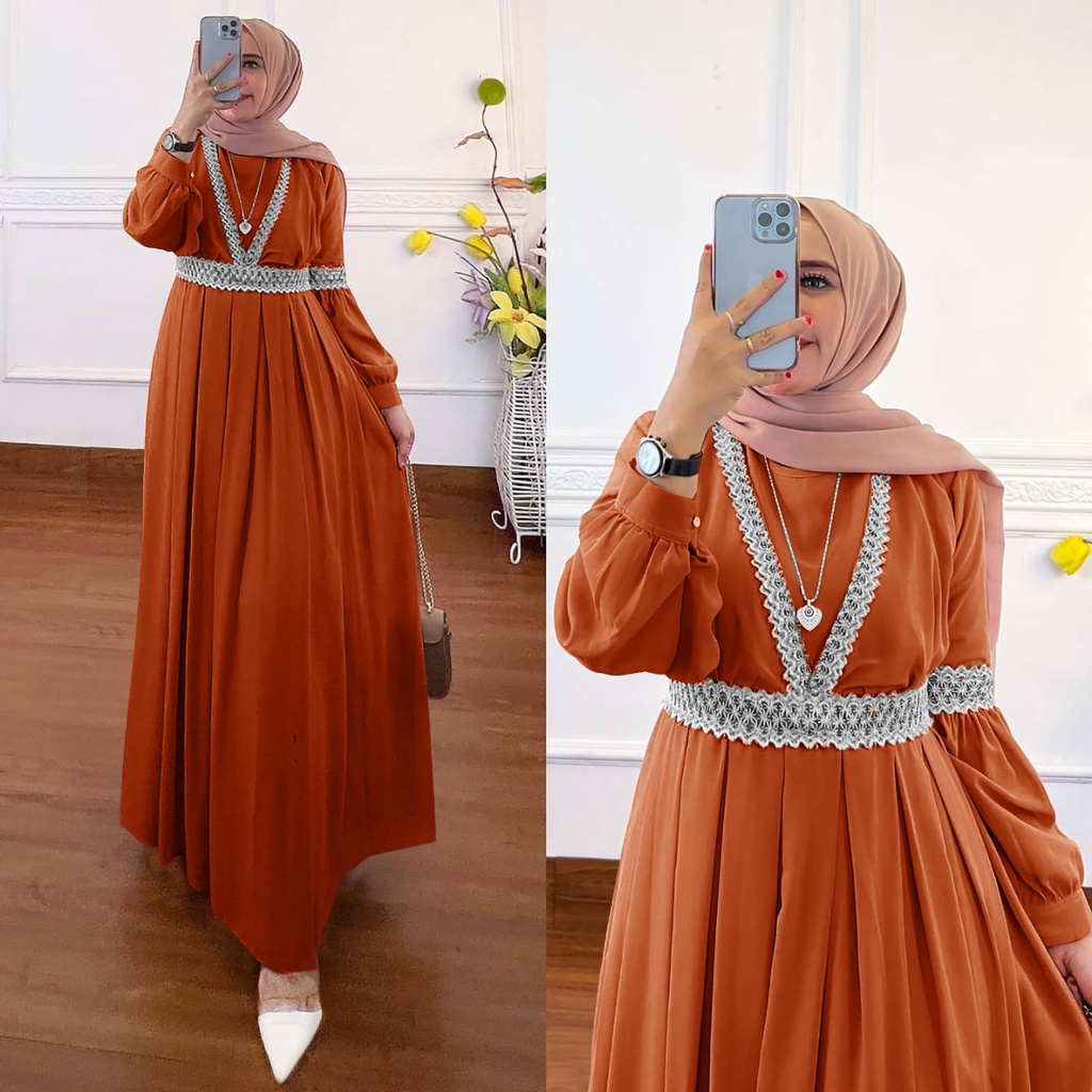 COD - Qaisha Dress Muslim Ceruty Aksen Renda Import Premium Fashion Gamis Gaun Maxy Lebaran Pesta Kondangan Terbaru-Bata