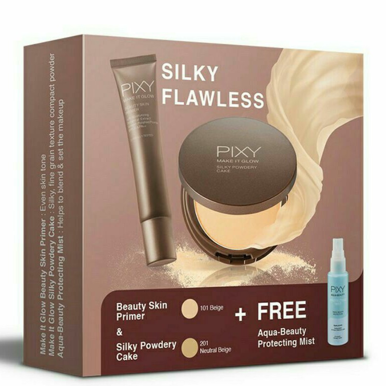 PIXY PAKET (FREE POUCH) SILKY FLAWLESS PACKAGE / PRIMER / SILKY POWDER / AQUA SPRAY