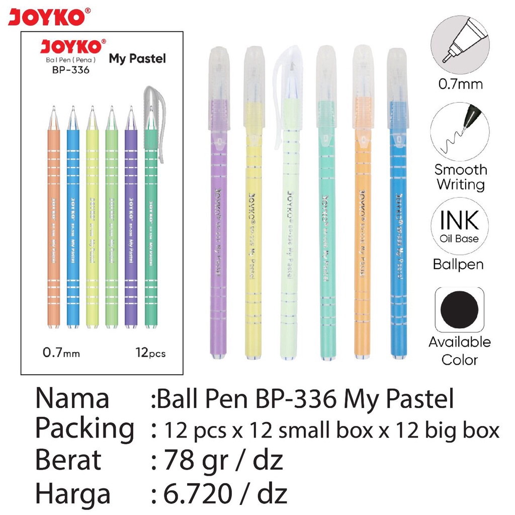 

Ballpen/ Pen/ Pulpen JOYKO BP-336 My Pastel- Black 0.7mm (12pcs)