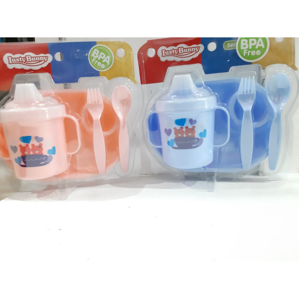 COD [ASERA] LUSTY BUNNY FEEDING SET ISI 5 PCS PERLENGKAPAN MAKAN BAYI KEMASAN MIKA / LB-1429
