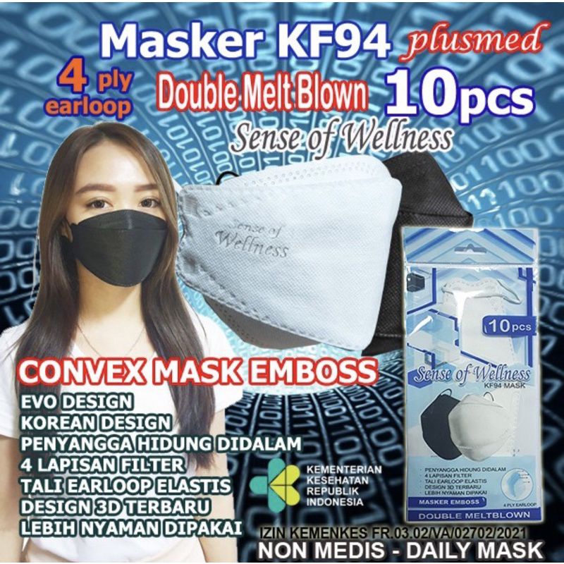 Masker KF94 Sense of wellness  emboss isi 10 hitam putih Convex 4Ply Medis Korea KF94 sense of welln