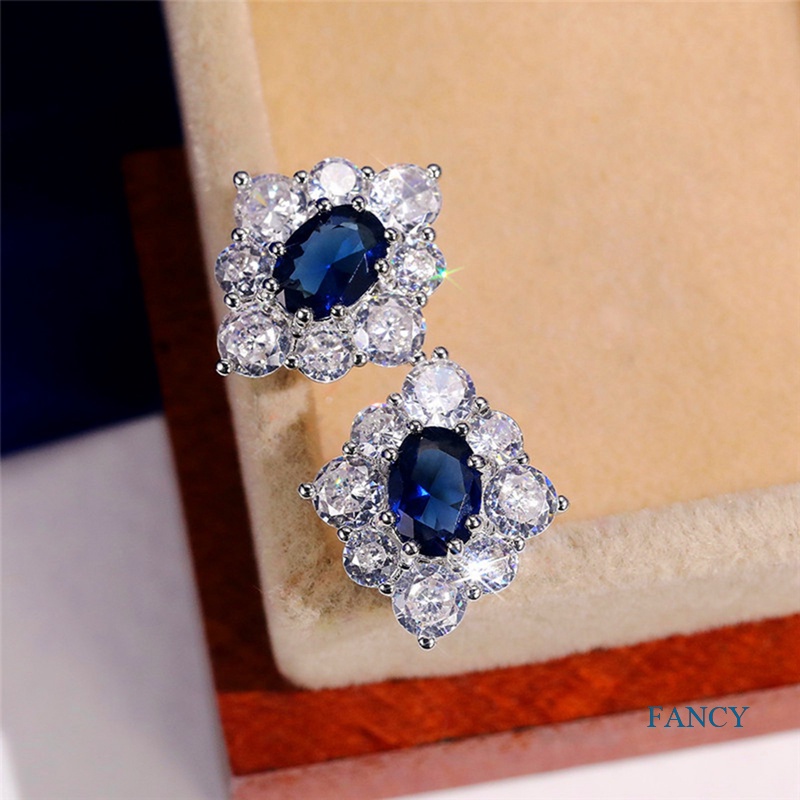 Anting Stud Cubic Zirconia Bentuk Oval Warna Biru Untuk Wanita