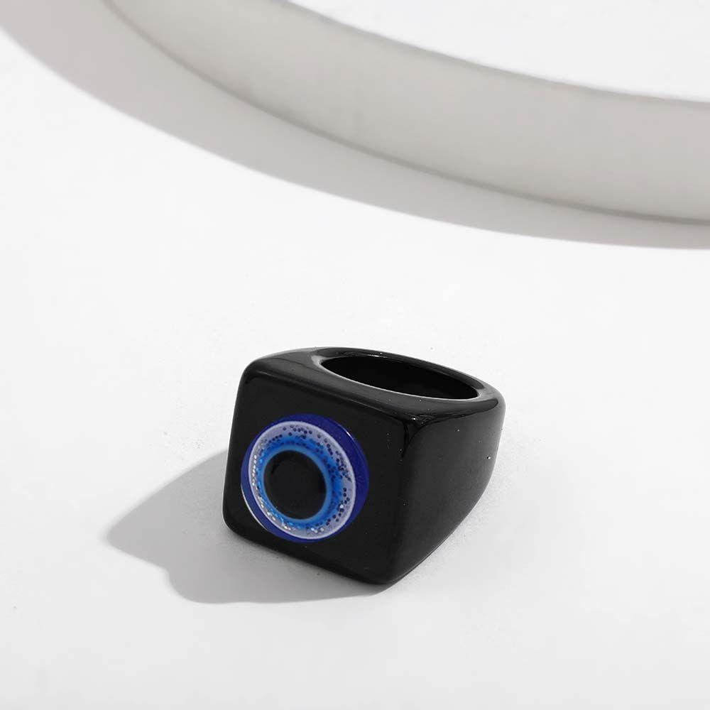 Agustinina Cincin Mata Biru Punk Pria Hip Pop Putih Kaca Biru Fashion Perhiasan Hitam Akrilik Resin Ring