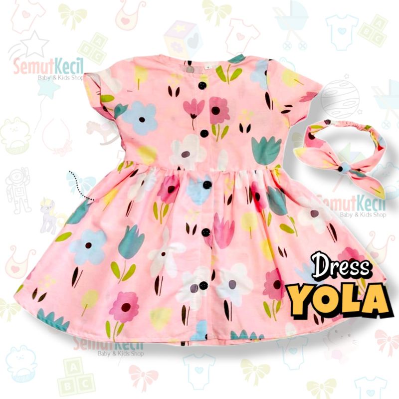 YOLA 1-4 THN DRESS ANAK BAYI PEREMPUAN KANCING DEPAN KATUN CATRA FREE BANDANA Baju Anak Bayi Perempuan Cewek Dres Baby Girl-I PeachFloClrful