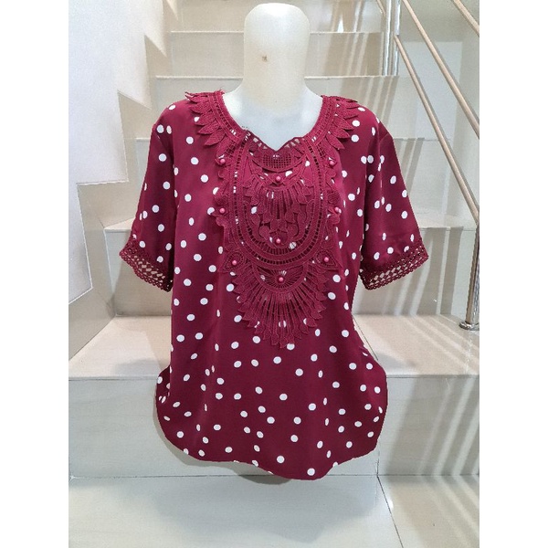 Blouse Brukat Bunga Renda Combi Brukat Impor XL-2XL-79 - Marun Ld 104