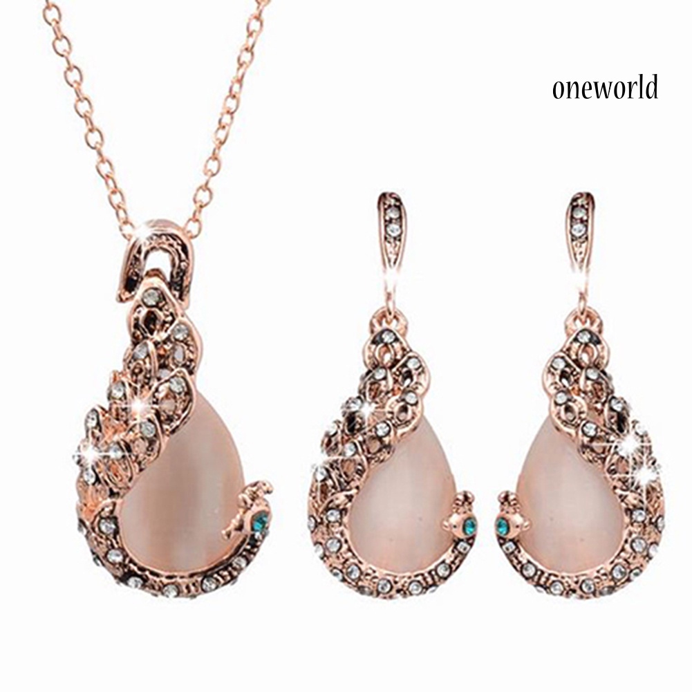 OW@ Women Elegant Waterdrop Rhinestone Pendant Necklace Hook Earrings Jewelry Set