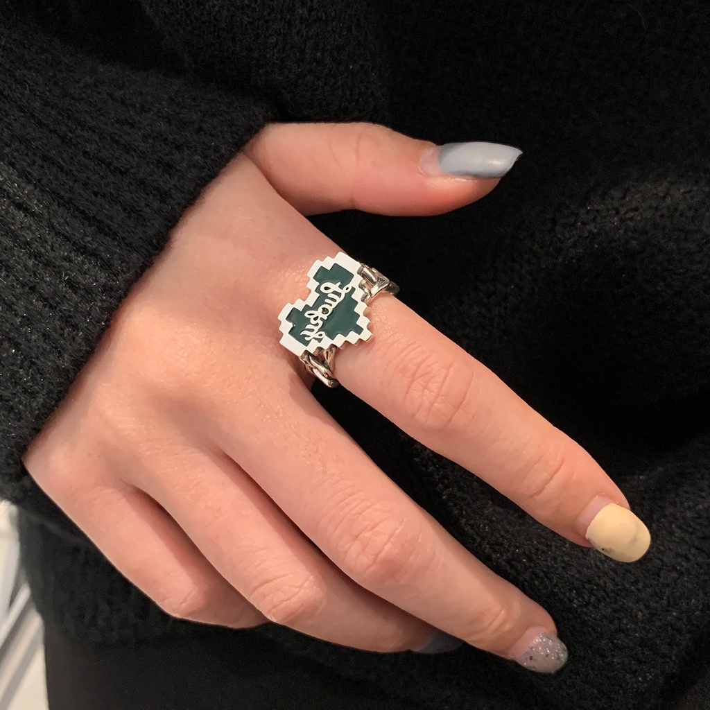 Cincin Model Terbuka Desain Mosaik Hati Warna Hijau Tua Gaya Hip Hop Untuk Wanita