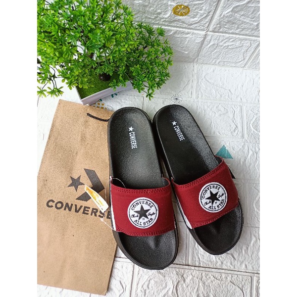 SANDAL SLIDE PRIA WANITA CONVERSE BLACK GRADE A / SANDAL SLOP CONVERSE BLACK PREMIUM-Maroon