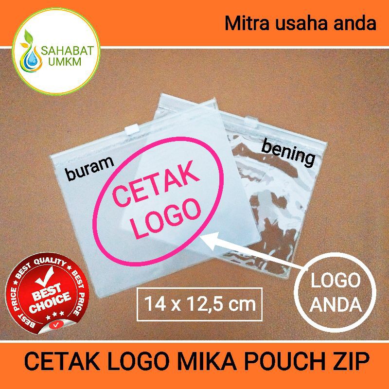 

Cetak sablon 200 pcs mika pouch putih buram/bening zipper uk.12,5x14cm 1warna 1muka