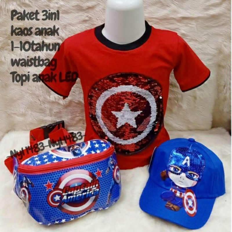 3 in 1 Kaos Usap Anak_Topi_Waistbag Motif Superhero Karakter Foto REALPICT