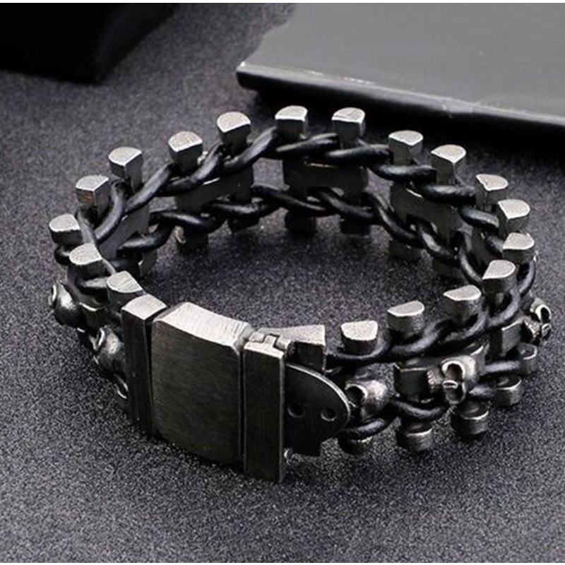 Gelang Rantai Bahan Kulit Stainless Steel Warna Hitam Gaya Punk Rock Hip Hop Untuk Pria