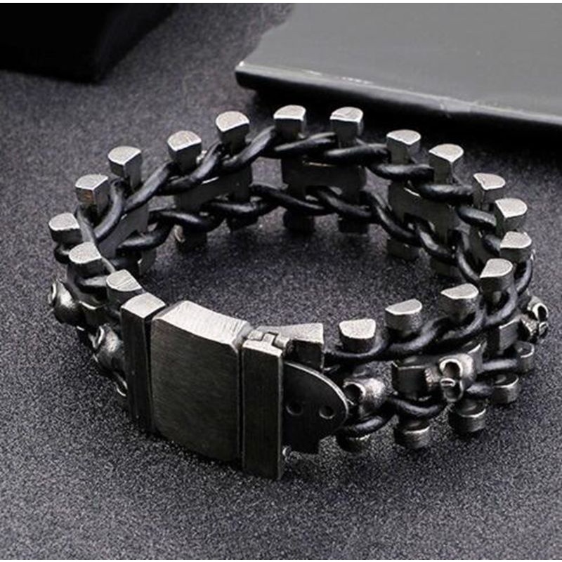 Gelang Rantai Bahan Kulit Stainless Steel Warna Hitam Gaya Punk Rock Hip Hop Untuk Pria