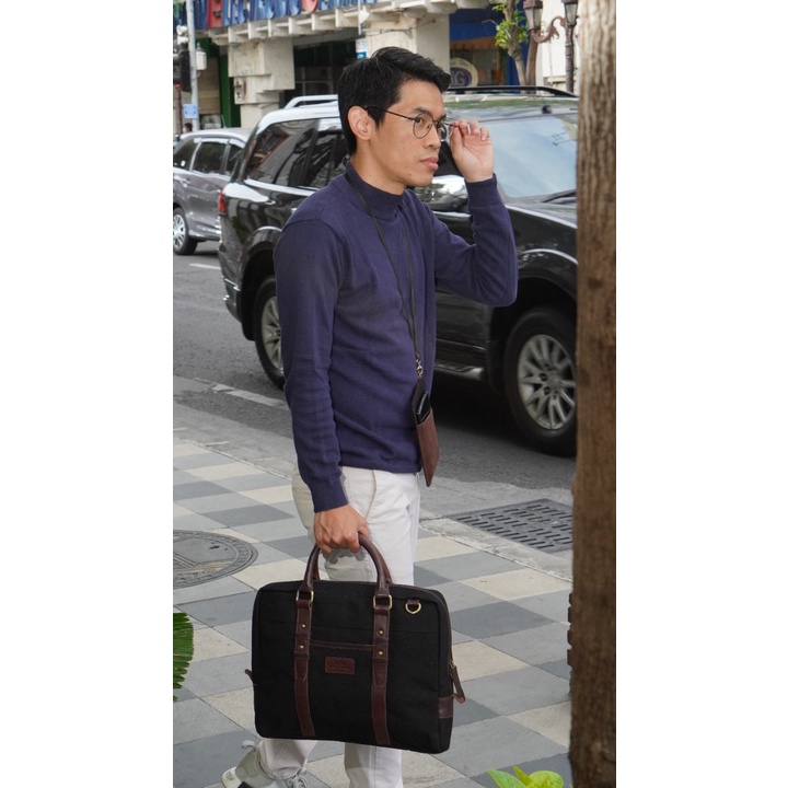 [PREMIUM] Tas Kerja Elegan Kantor Laptop 14&quot; Kanvas Kulit Asli Original Eastmovin Locke Workbag Briefcase Black