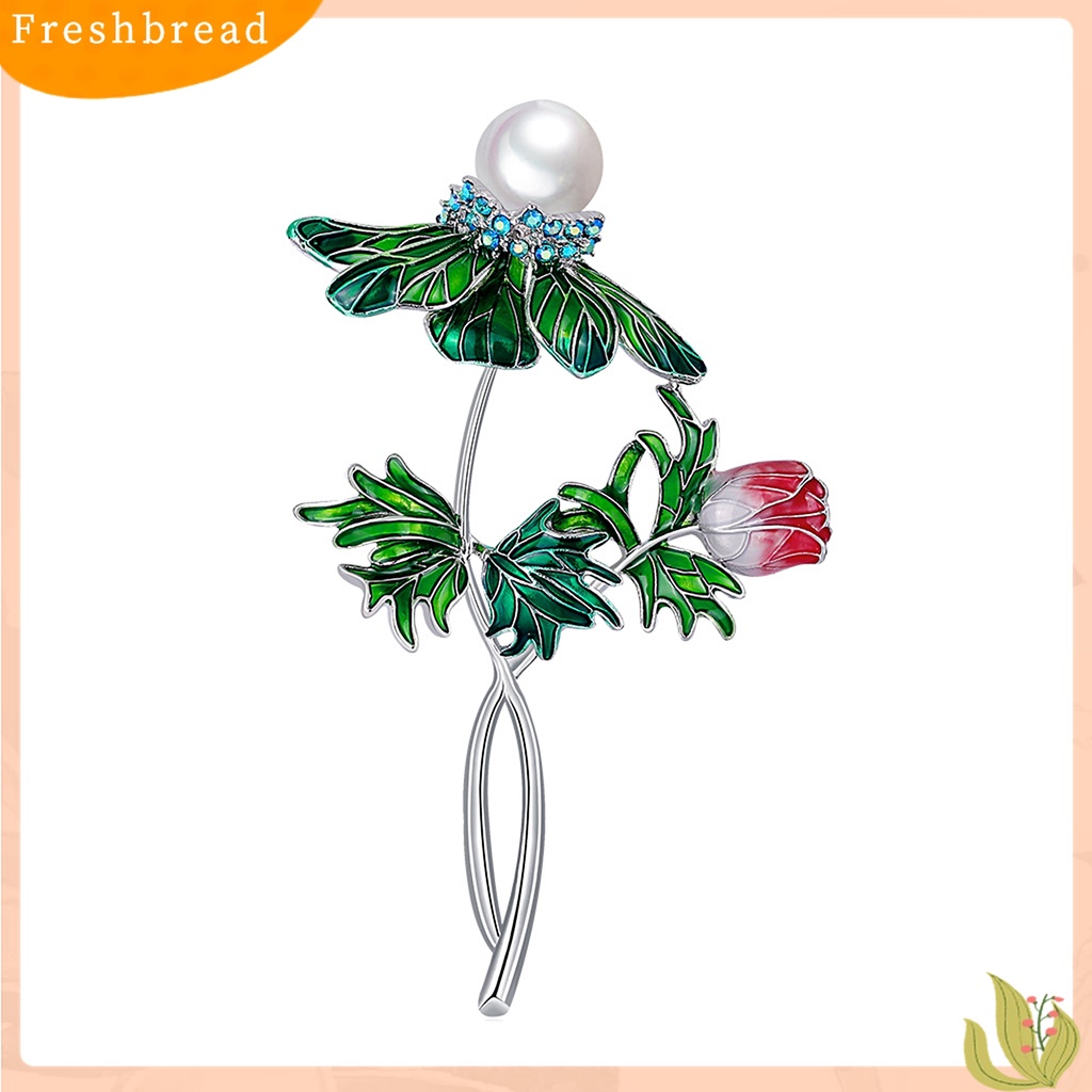 Terlaris Simple Rose Flower Leaf Faux Pearl Rhinestone Brooch Pin Lapel Jewelry Accessory