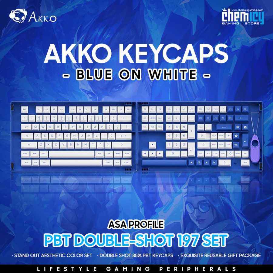 Akko Blue on White PBT Double Shot 197 Keycaps set ASA Profile
