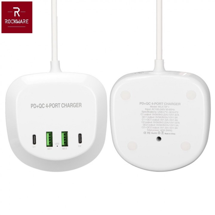 22 ROCKWARE WLX-T3P PLUS - 4 USB Port Charger PD and QC 3.0