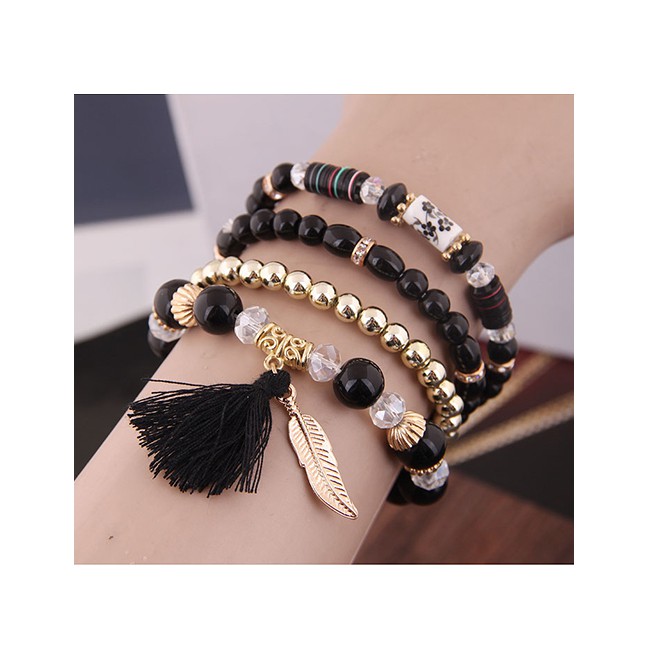 LRC Gelang Fashion Acrylic Beaded Fringe Leaf Multilayer Bracelet A59542