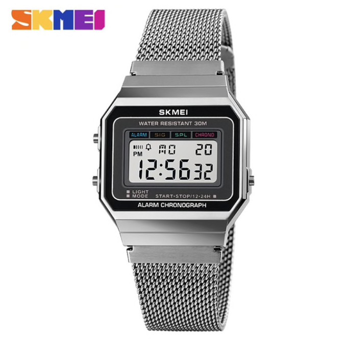 Jam Tangan Pria SKMEI 1639 Sport LED Watches Slim Dial Digital  Stainless Steel Band Waterproof