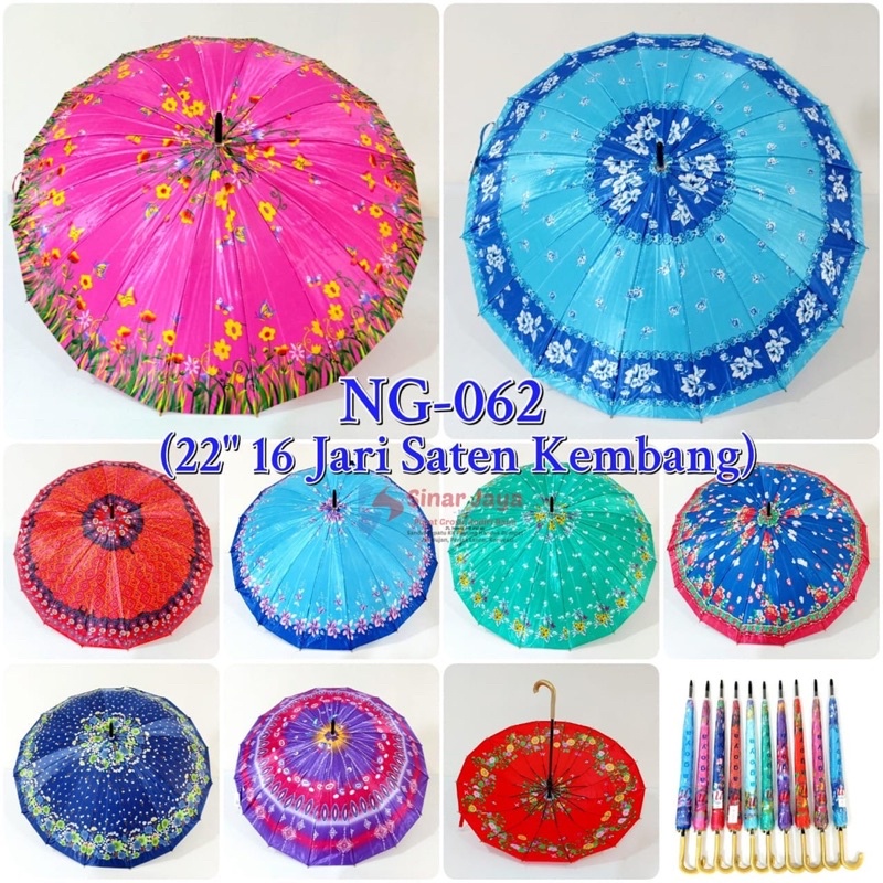 Payung 16 jari saten motif kembang