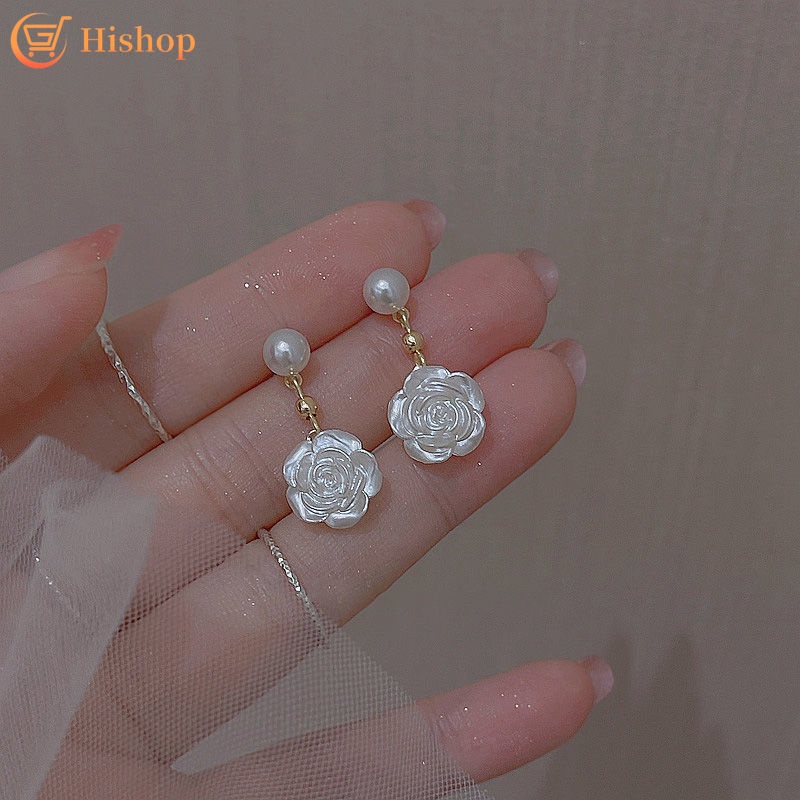 Anting Tusuk Gantung Desain Bunga Camellia Hias Mutiara Putih Untuk Wanita