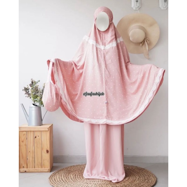 Mukena travel murah 2in1 Khaulah polka dusty pink + renda di dada(sudah termasuk sajadah muka) ori f