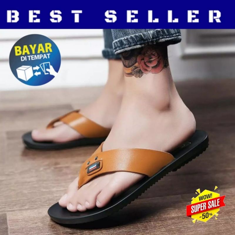 BELI 1 GRATIS 1 / Sandal Kulit / Sandal Pria / Sandal Slide / Sandal Casual Pria/ Sandal Slop AM-04-Combat Coklat