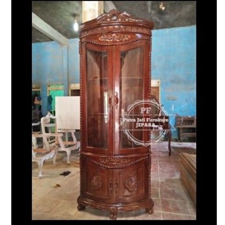 Rak lemari ruangan pojok hias pajangan ukir kayu jati