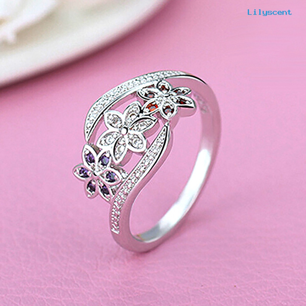 Ls Cincin Wanita Lapis Silver Desain Bunga Hias Cubic Zirconia Berkilau Untuk Pernikahan