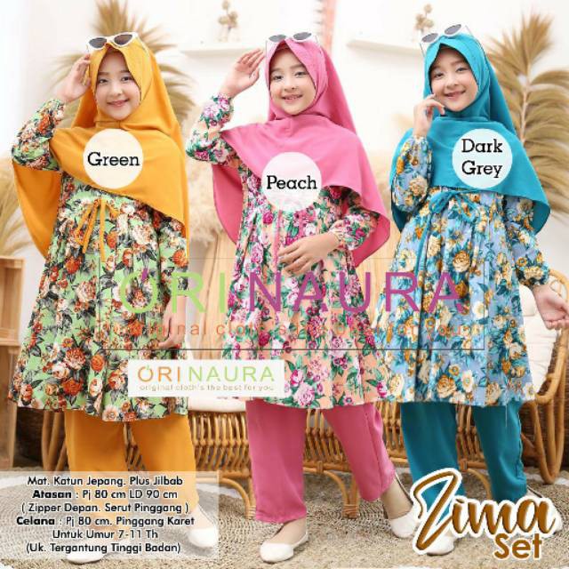 Zima Setelan Kids Original Naura / Orinaura Tunik + Celana + Hijab Material Katun Jepang Premium