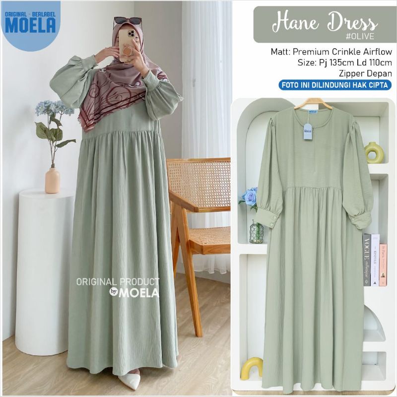 Aura Hane Dress Gamis Jumbo Polos Allsize Busui Premium Crinkle Airflow Original Ori Moela Berlabel-Hane olive